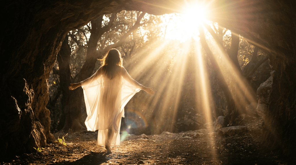 Woman in white gown walking from cave into bright sunlight with text REBIRTH.